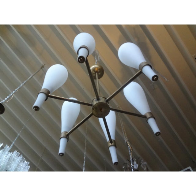 Fontana Arte Italian Brass and Glass Modernist Chandelier-Fontana Arte Style For Sale - Image 4 of 11