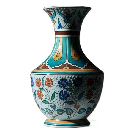Handmade Ceramic Vase (30cm) – Turquoise & Terracotta Floral Design – Textured Iznik Decor For Sale