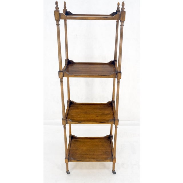 Heritage-Henredon Compact 14x18 Turned Poster Style 4 tier Etagere Shelving Unit w/ Finials For Sale - Image 4 of 9