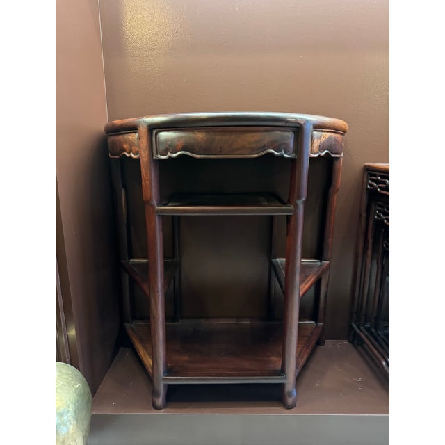 Brown Mid 19th Century Pair of Qing Dynasty Chinese Rosewood Half-Round Tables With Scalloped Aprons [Ss] For Sale - Image 8 of 12