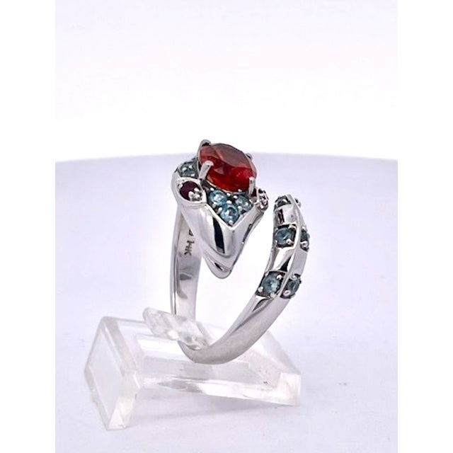 1970s Polished 14k White Gold Garnet and Ruby Cocktail Ring With Blue Topaz, Size 5 For Sale - Image 4 of 9