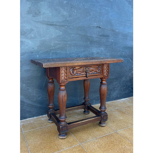 Traditional Spanish Renaissance Revival Oak Side Table with Drawer, Early 20th Century For Sale - Image 3 of 8