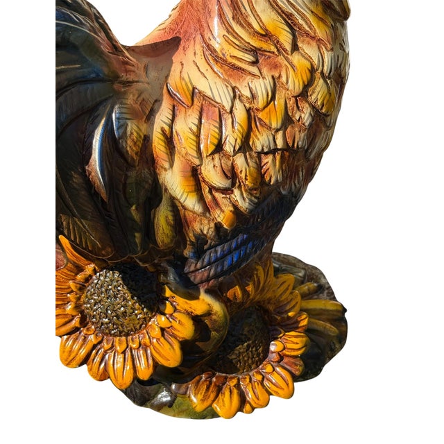 Brown Large Vintage Mid Century Hand Painted Ceramic Rooster & Sunflowers Statue/Figurine For Sale - Image 8 of 10