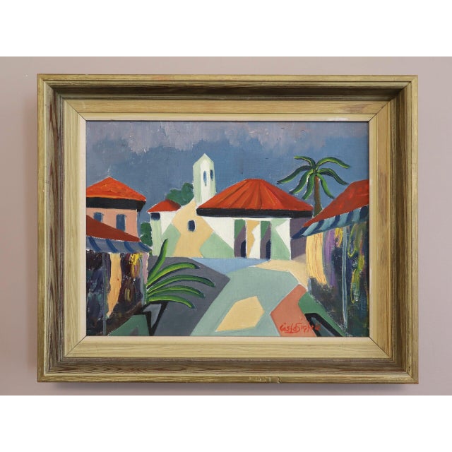 WHERE THE PALMS SWAY Size: 13.8 x 16.9 inches (including frame) Oil on canvas A charming mid-century modern townscape that...