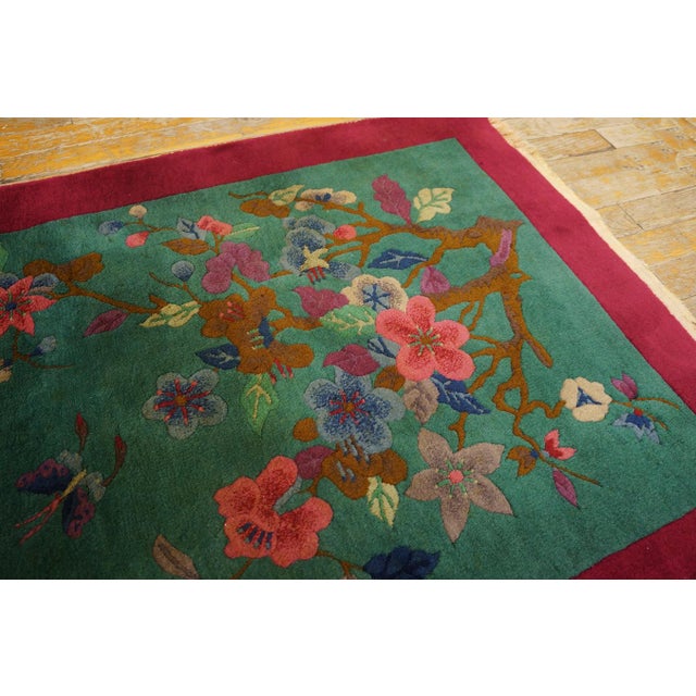 Lovely Dark Green Color With Special Floral Design Antique Chinese Art Deco Rug For Sale - Image 10 of 12