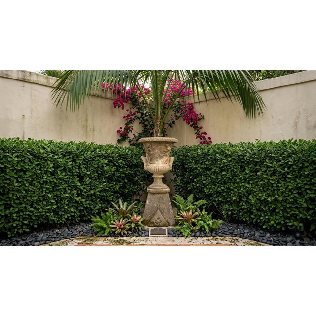 Neo-Classical Style Cast Stone Garden Urn on Pedestal With Bacchanalian Relief For Sale In West Palm - Image 6 of 10