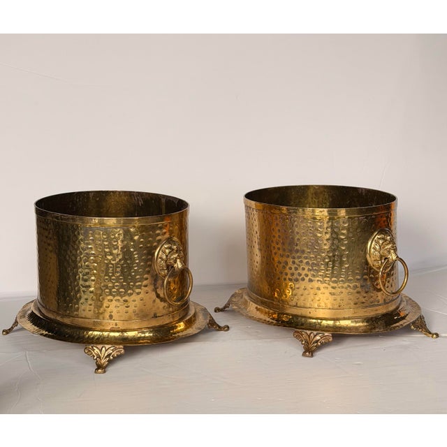1950s Handmade Hammered Brass Lion Head Handles & Decorative Feet Cachepots - A Pair For Sale - Image 4 of 12