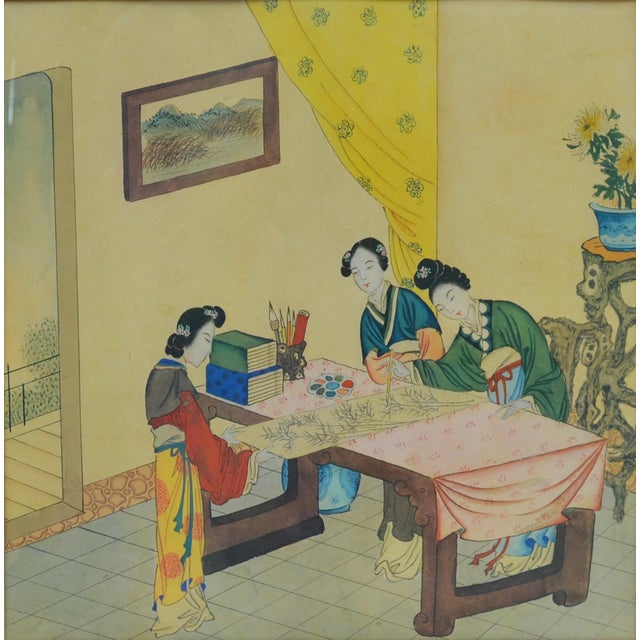 Impressionist Gilt Wood Framed Qing Dynasty Chinese Family Watercolor Painting on Paper For Sale - Image 3 of 17