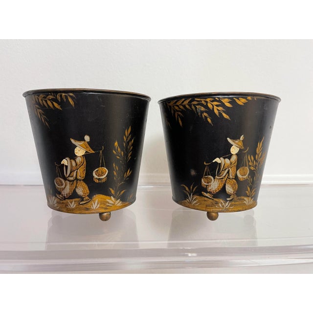 French hand painted tole Chinoiserie cachepot. Black with hand painted exterior, British racing green interior. Gilded...