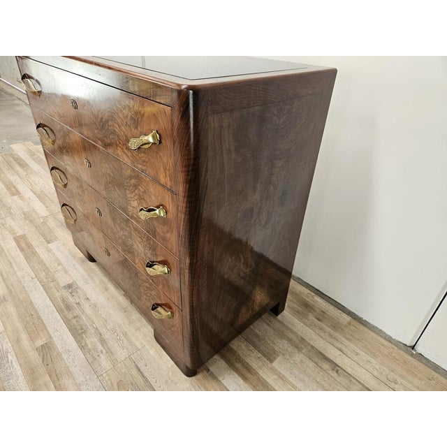 Art Deco Walnut Burl Chest of Drawers with Black Glass Top and Brass Handles, 1940 For Sale - Image 3 of 18