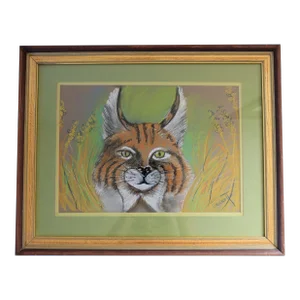 Vintage Framed Pastel Drawing of a Lynx