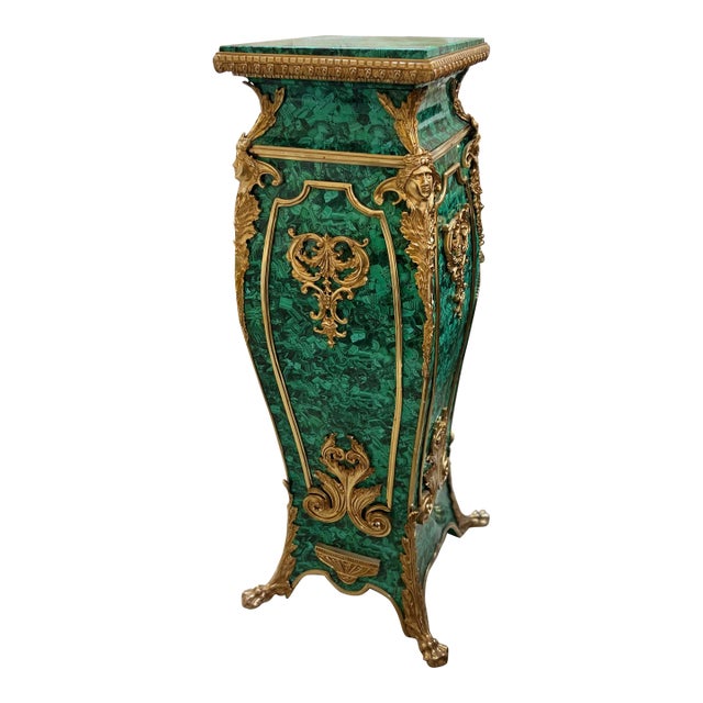 Vintage Faux Malachite Wood Pedestal For Sale