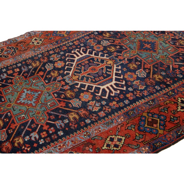 Blue and Rust Vintage Karajah Handmade Wool Rug With Allover Pattern For Sale - Image 4 of 8