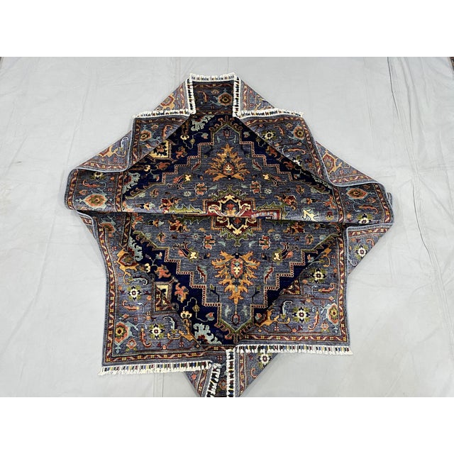 Blue Afghan Sultani Natural Dye Wool Rug, Persian Heriz Medallion Design, 5′9″ × 8′ For Sale - Image 13 of 14
