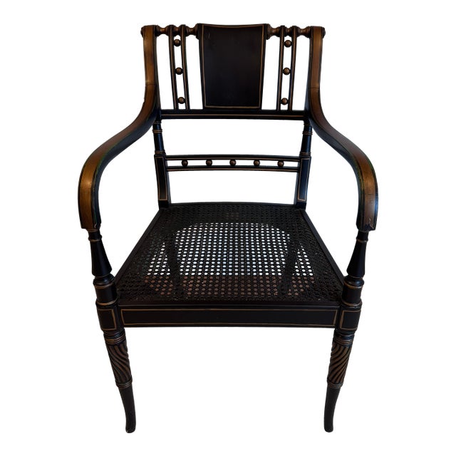 Mid 20th Century Neoclassical Black Painted Armchair With Cane Seat For Sale