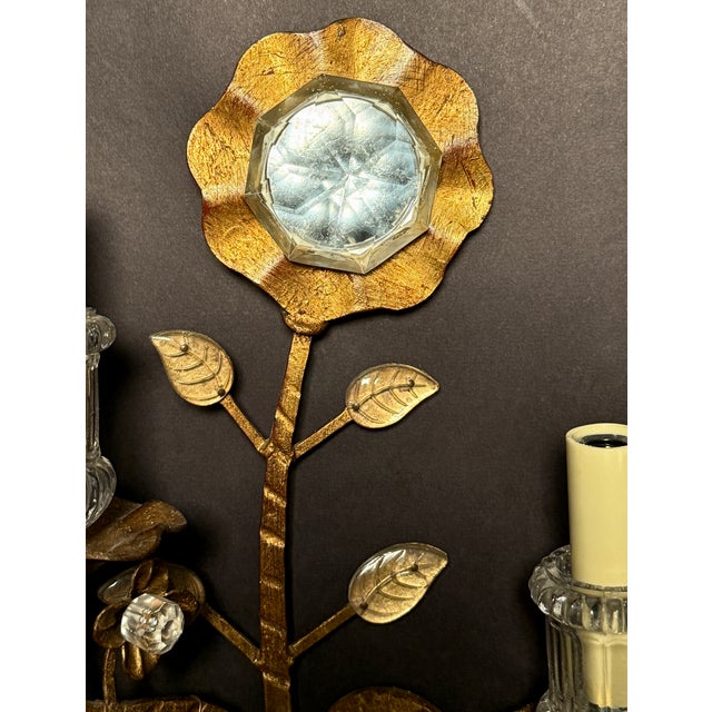 Late 20th Century Pair of Maison Bagues Gilt Metal and Glass Floral Wall Sconces For Sale In New York - Image 6 of 12