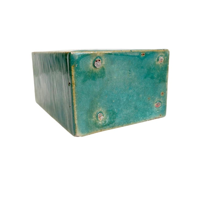 Aqua Antique 19th Century Chinese Export Porcelain Aqua Green Monochrome Glaze Pillow Form Flower Brick Block Vase For Sale - Image 8 of 9