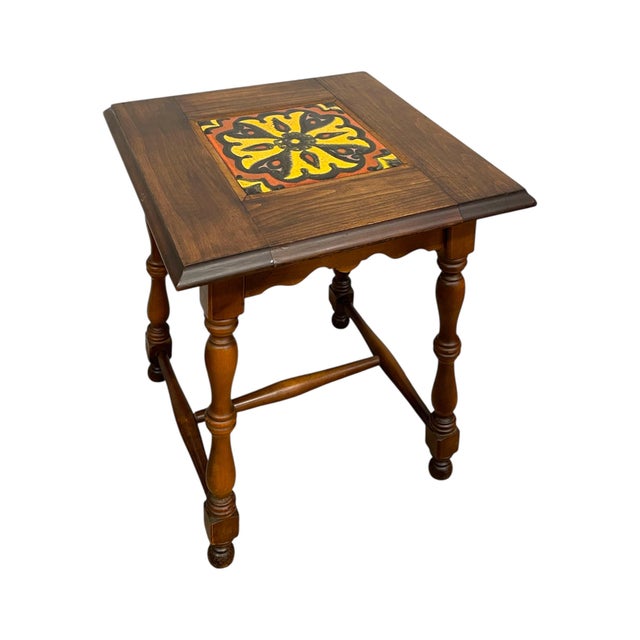 Brown Vintage Tile Top Side Table With Turned Legs and Wood Frame For Sale - Image 8 of 11