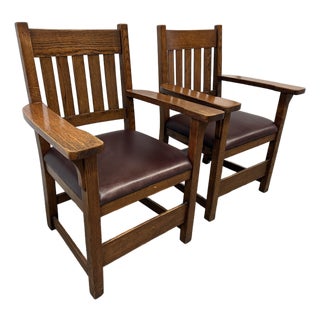 Arts & Crafts Mission Style Arm Chairs, Pair For Sale