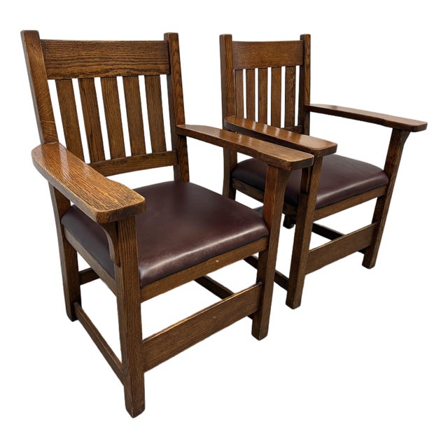 Arts & Crafts Mission Style Arm Chairs, Pair For Sale
