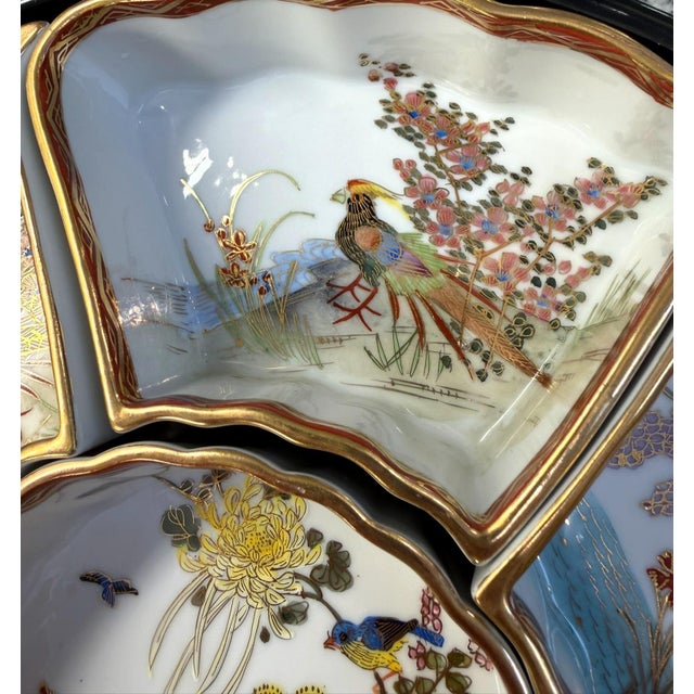 Metal Vintage Japanese Porcelain 7-Pc Lazy Susan Sweet Meat Set Birds Flowers Gold For Sale - Image 7 of 13