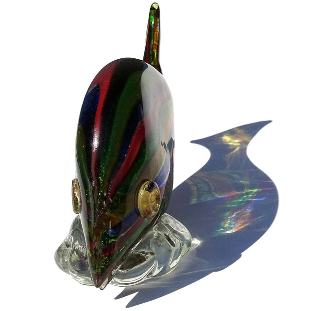 AVeM Italy Murano Avem Rainbow Colors Silver Gold Flecks Italian Art Glass Vintage Striped Fish Figurine Sculpture For Sale - Image 4 of 6