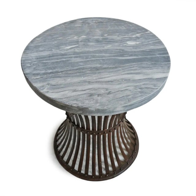 Farmhouse Vintage Grey Marble & Iron Rivet Band Side Table For Sale - Image 3 of 5