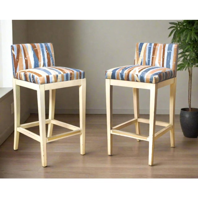Wood Pair | Large Vintage Wooden Bar Stools With Bamboo Fabric For Sale - Image 7 of 7