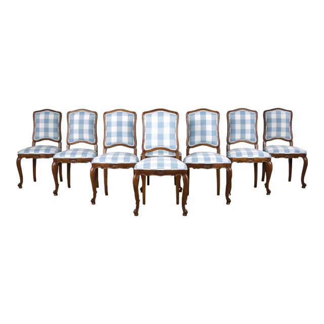 19th Century French Louis XV Style Walnut Dining Chairs in Light Blue Plaid - Set of 8 For Sale