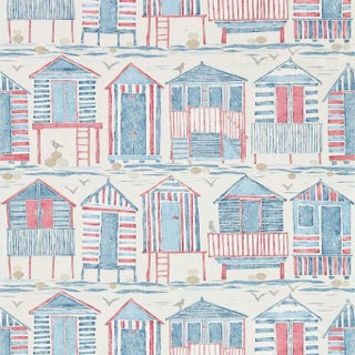 Sanderson “Beach Huts” Wallpaper – Red & Blue – 4 Double Rolls – Classic Coastal Stripe & Cabana Motif For Sale