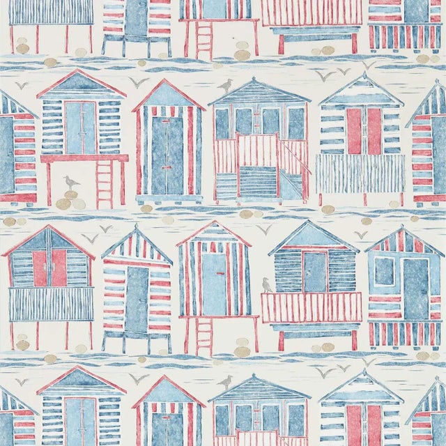 Sanderson “Beach Huts” Wallpaper – Red & Blue – 4 Double Rolls – Classic Coastal Stripe & Cabana Motif For Sale