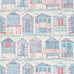 Sanderson “Beach Huts” Wallpaper – Red & Blue – 4 Double Rolls – Classic Coastal Stripe & Cabana Motif