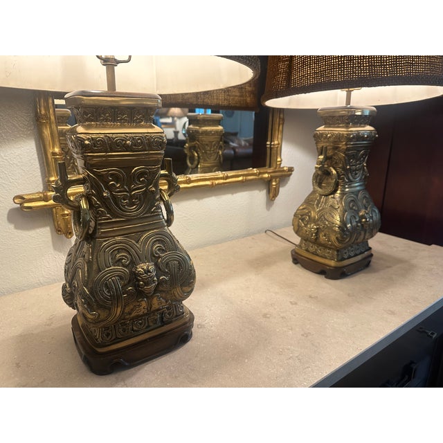 1960s Vintage Brass Urn Table Lamps With Elaborate Asian-Inspired Relief - Pair For Sale - Image 5 of 11