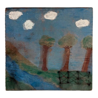 Folk Art Landscape, Mixed Media on Board, Early 20th C For Sale