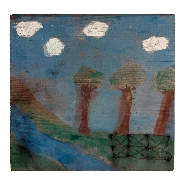 Folk Art Landscape, Mixed Media on Board, Early 20th C For Sale
