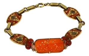 Carnelian & Enamel 14k Yellow Gold Buddha Bracelet