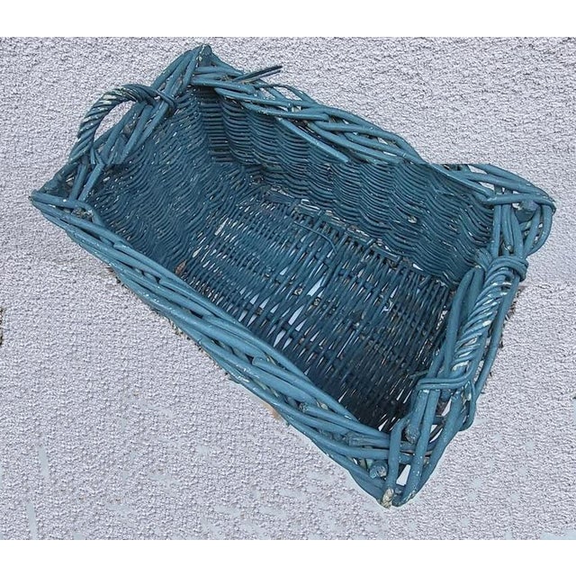 1940s Large French Country Painted Wicker Willow Basket – Woven Handles For Sale - Image 5 of 8