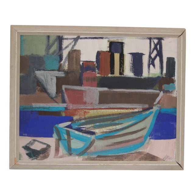 Hannes Glaeser, Harbour Motif with Boats, 1950s, Oil on Panel, Framed For Sale