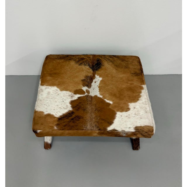 Mid 20th Century Vintage Cowhide Ottoman With Nailhead Trim For Sale - Image 5 of 7