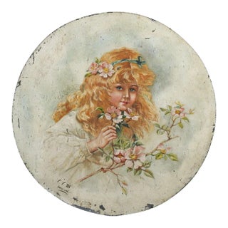 Antique 1896 French Flower Girl Tin Wall Plaque Painting For Sale