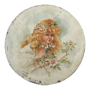 Antique 1896 French Flower Girl Tin Wall Plaque Painting