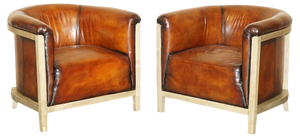Set of Fully Stitched Brown Leather Limed Oak Tub Club Armchairs