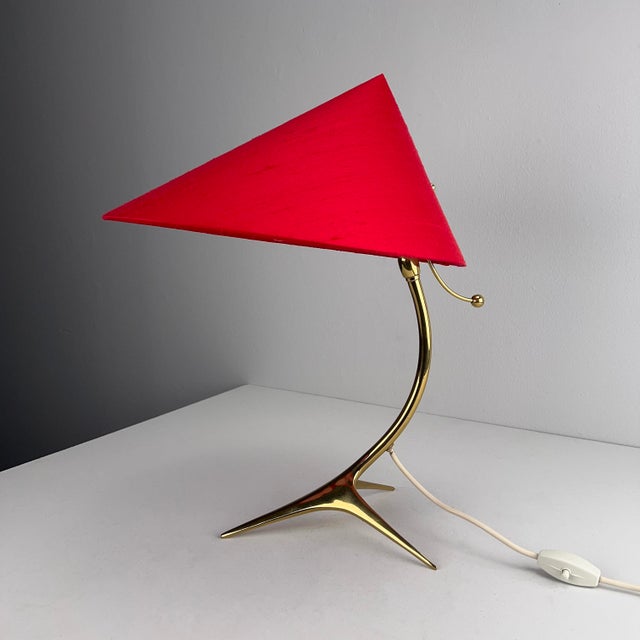 1950s Table Lamp with Golden Crows Foot and Newly Upholstered Red Silk Shade by J. T. Kalmar, 1950s For Sale - Image 5 of 14