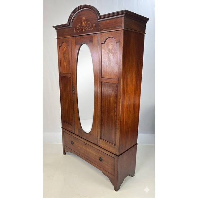 Art Nouveau Early 20th Century English Edwardian Style Inlaid Mahogany Wardrobe With Beveled Oval Mirror For Sale - Image 3 of 16