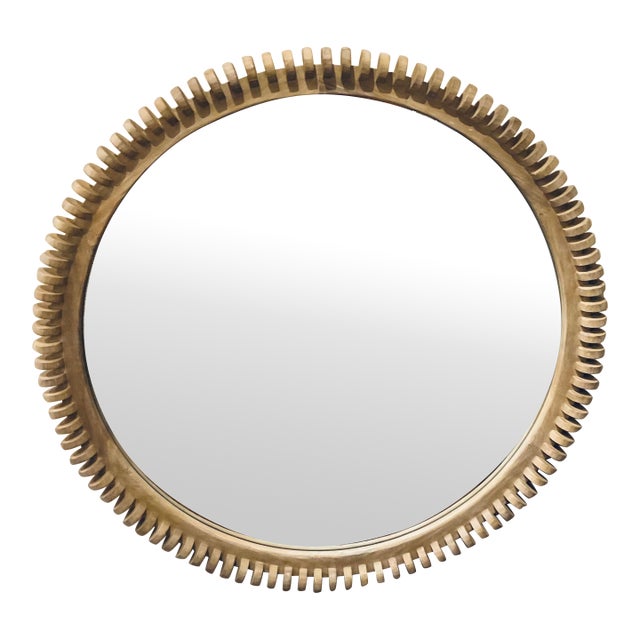 Revelation Organic Modern Beige Wood Spool Wall Mirror For Sale