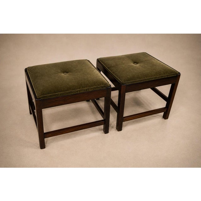 Pair of Brazilian Modern Stools in Rosewood, Cane, and Olive Mohair Cushions — Liceu De Artes, 1960s For Sale - Image 17 of 18