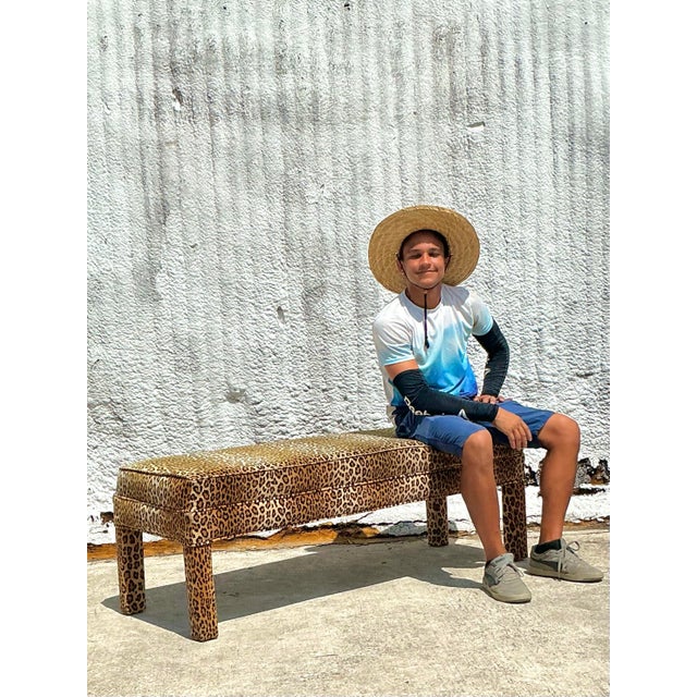 Wood Vintage Boho Leopard Velvet Parsons Bench For Sale - Image 7 of 10