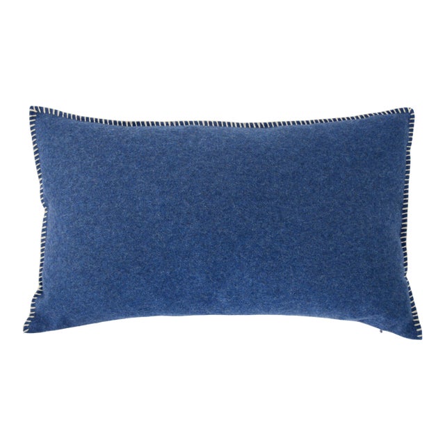 FirmaMenta Italian Eco-Friendly Blue and White Whipstitch Wool Lumbar Pillow For Sale