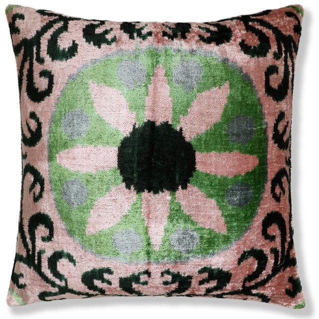 "A true statement piece for sophisticated interiors, this handmade silk velvet pillow combines soft blush pink, fresh sage...