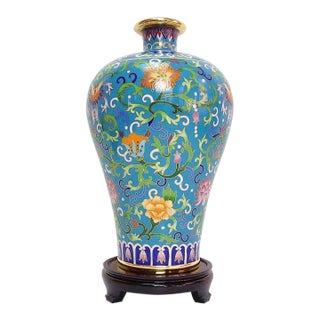 Vintage Chinese Cloisonné Meiping Vase | Turquoise Ground Floral Motif With Stand For Sale